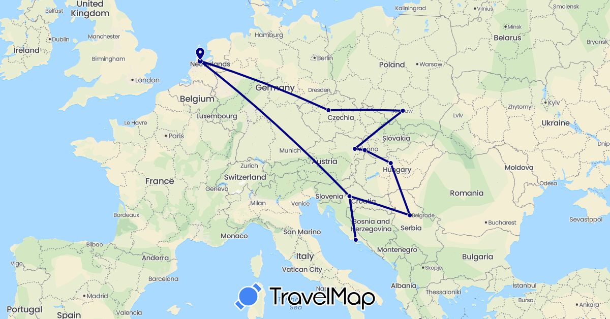 TravelMap itinerary: driving in Austria, Czech Republic, Croatia, Hungary, Netherlands, Poland, Serbia, Slovakia (Europe)